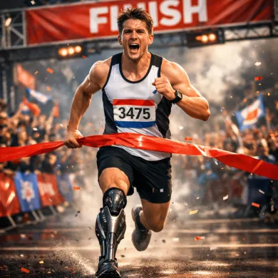 En atletisk snart 3-barnsfar som krysser m&aring;llinjen i en maraton